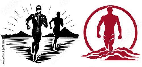 Triathletes silhouettes in vector format. Swimmer on the beach.Vector illustration ready for vinyl cutting