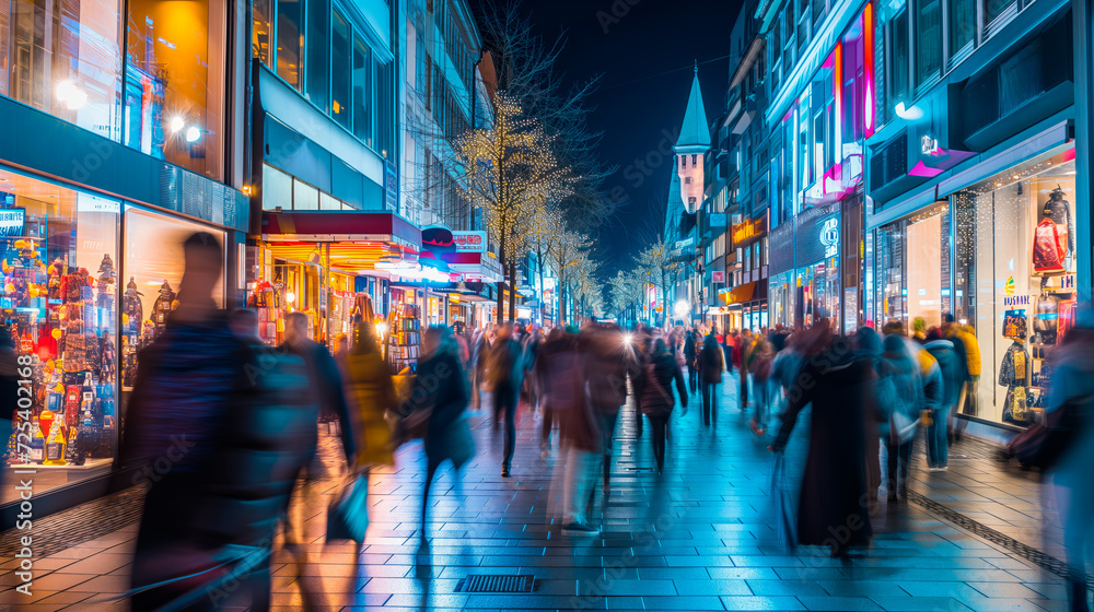 Busy shopping street at night with motion blur, vibrant urban life in Europe
