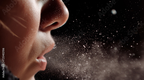 Close-up of woman sneezing, concept of flu, allergies, and health issues. 