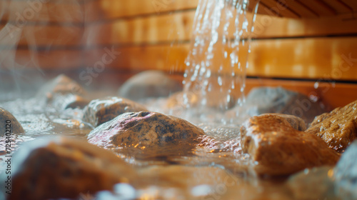 Water pouring over hot steaming stones or rocks in a traditional Finnish Sauna. Close up with no people.
 photo