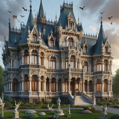 A Victorian mansion adorned with turrets and gables.