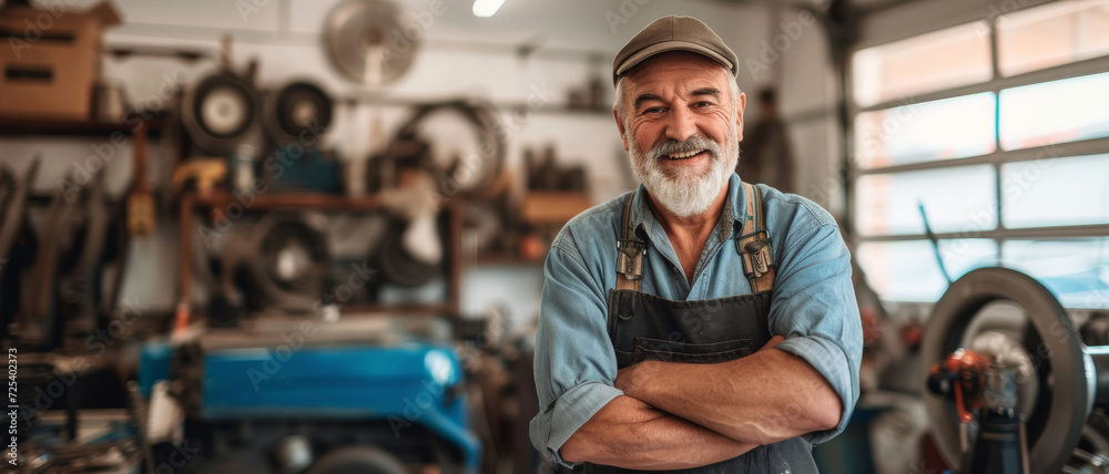 Seasoned mechanic with a warm smile stands proudly in his workshop, surrounded by tools and memories Seasoned mechanic with a warm smile stands proudly in his workshop, surrounded by tools and memories