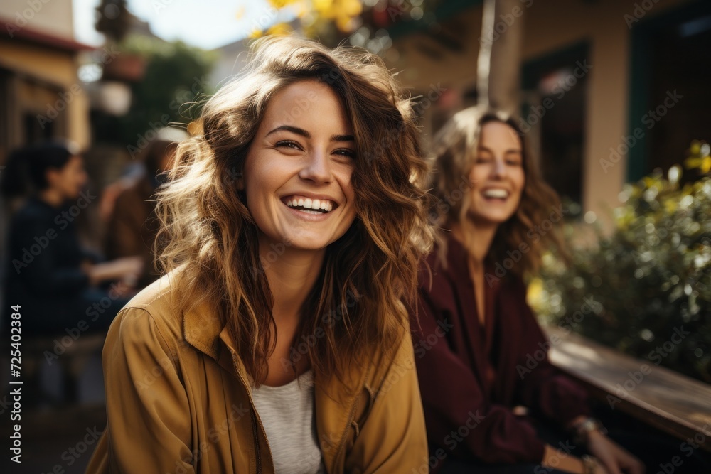 Two stylish young women enjoying a cheerful moment outdoors, laughing, talking, and sharing gossips. Two stylish young women enjoying a cheerful moment outdoors, laughing, talking, and sharing gossips.