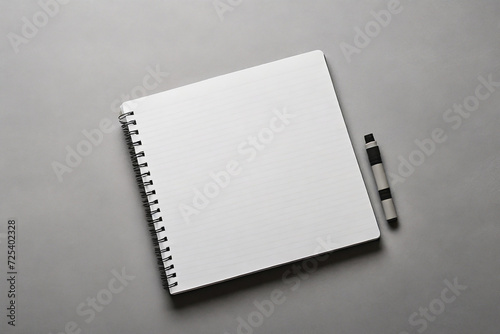Notebook with pen on grey background, top view. Mockup for design