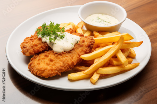 Professionally plated schnitzel with french fries and sauce in  restaurant in Germany. Generative AI tools 