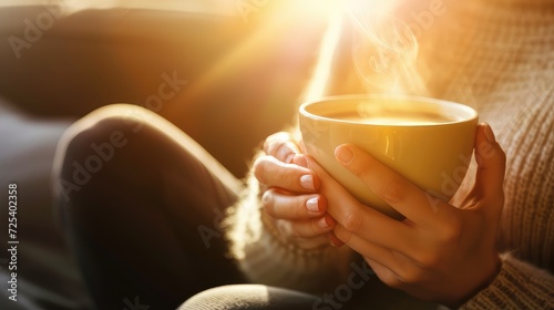 Close-up view of a female hands with a cup of coffee. The cup nestles in her palms, offering solace in every sip. photo