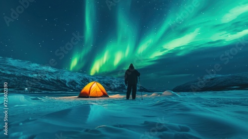 Aurora lights at night with man camping over the snow