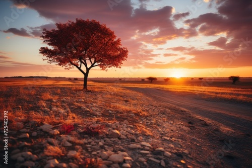 In a golden sunrise  a lone tree stands against a vibrant African landscape.