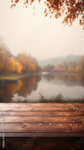 Empty blank wooden table fall background with autumn trees orange yellow color leaves backdrop forest or park nature scene abstract blurred bokeh tabletop for product display desk mockup. Copy space .