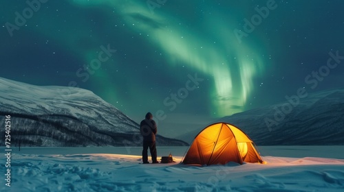 Aurora lights at night with man camping over the snow
