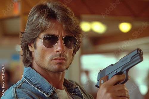 stereotypical 1980s action hero with a gun photo