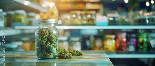 A jar of premium cannabis takes center stage in a dispensary, signaling a shift in cultural norms photo
