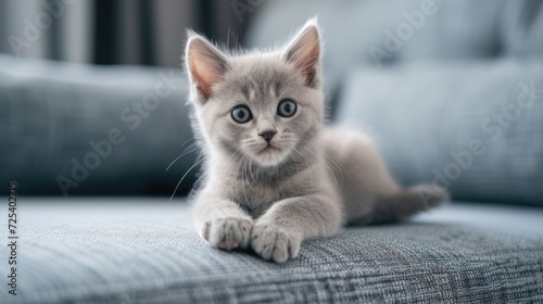 Beautiful baby cat, kitty on a gray sofa