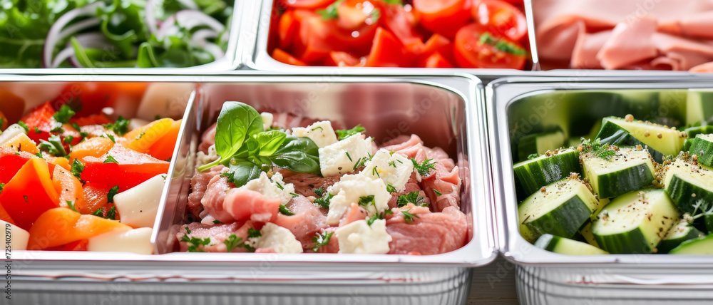 A vibrant selection of meal prep ingredients neatly organized in steel containers: diced turkey, colorful bell peppers, and seasoned zucchini cubes