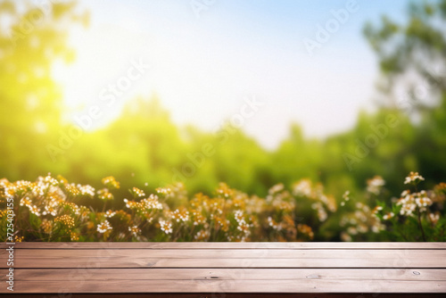 Wooden table spring nature bokeh background, empty wood desk product display mockup with green park sunny blurry abstract garden backdrop landscape ads showcase presentation. Mock up, copy space . © Synthetica