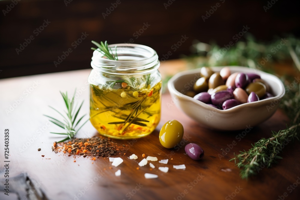 olives marinating in a jar with herbs and oil