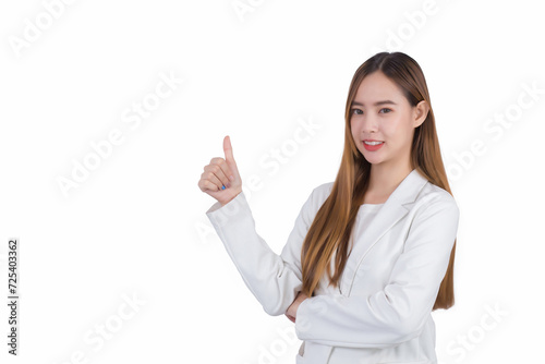 Portrait Asian professional business woman is smiling confidently and shows her hands to present good symbol while isolated white background.
