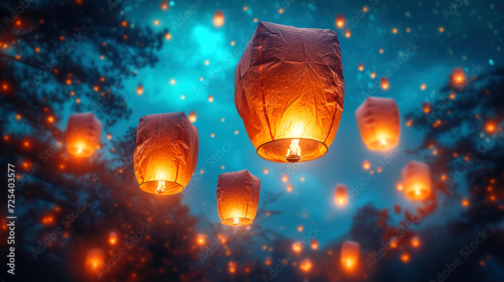 Obraz premium Lanterns in the Night Sky Glowing Lanterns Rise in the Blue Night Sky 