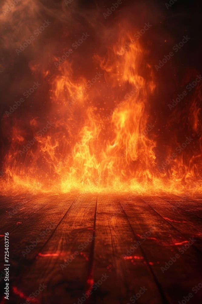 Fototapeta premium Intense Flames Engulfing a Wooden Surface Against a Dark, Ember-Filled Background