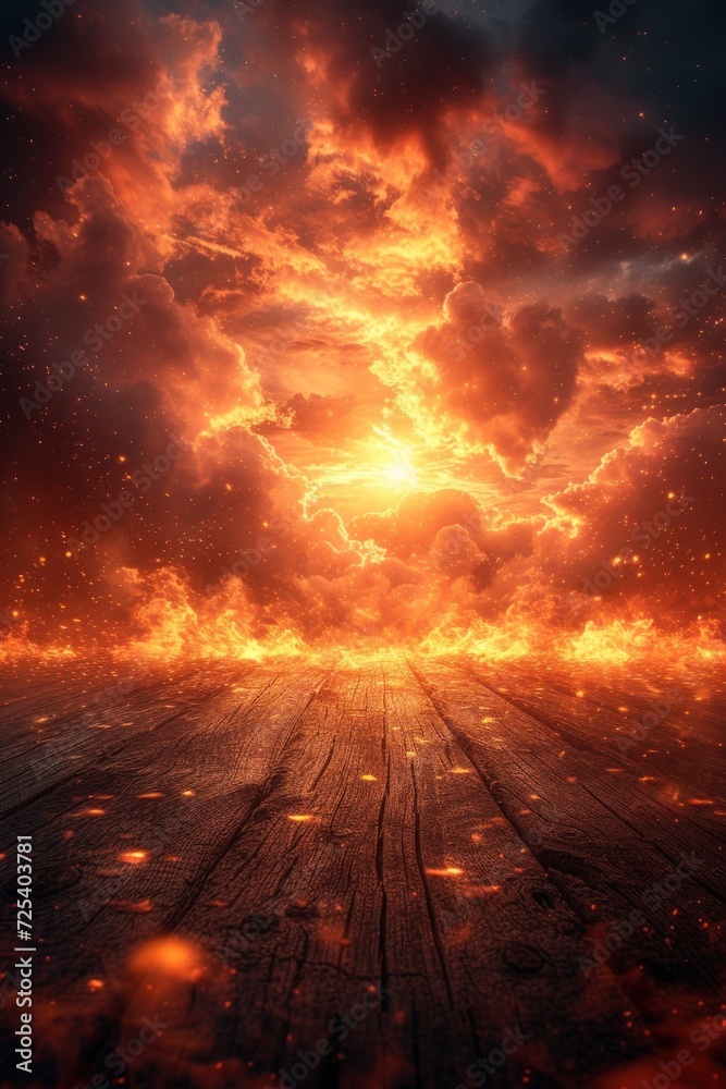 Intense Flames Engulfing a Wooden Surface Against a Dark, Ember-Filled Background