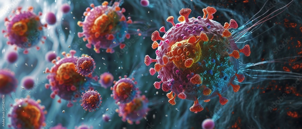 Dengue Virus and Human Immune Response, Color-Coded Battleground Interaction between the dengue virus and human immune cells. Dengue Virus and Human Immune Response, Color-Coded Battleground Interaction between the dengue virus and human immune cells.
