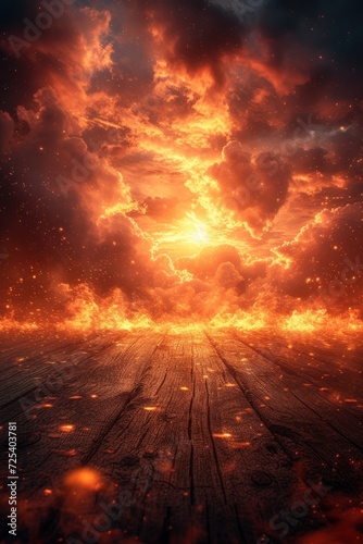 Intense Flames Engulfing a Wooden Surface Against a Dark, Ember-Filled Background © photolas
