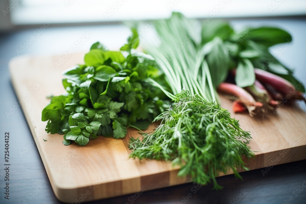 fresh herbs bunched on a chopping board fresh herbs bunched on a chopping board