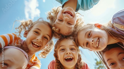A group of delighted and adorable young children playing together, experiencing joy and fun. A collective portrait captures the happiness of kids huddled together, looking down at the camera photo