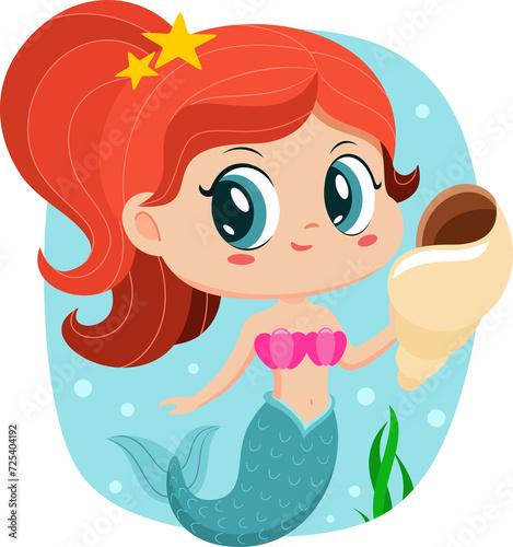 Cute Little Mermaid Girl Cartoon Character Swims Underwater With Spiral Sea Shell. Illustration Isolated On Transparent Background