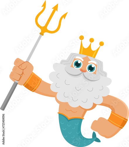 Sea God Poseidon Neptune Cartoon Character Holds Trident. Illustration Isolated On Transparent Background
