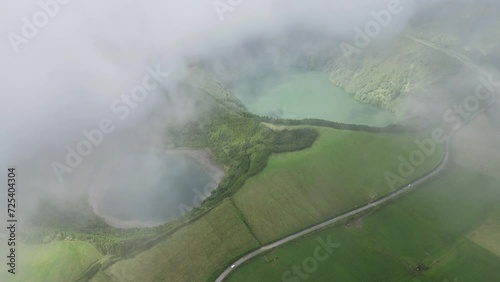 Drone flyover Sete Cidades on cloudy day in Sao Miguel Island, azores archipe photo