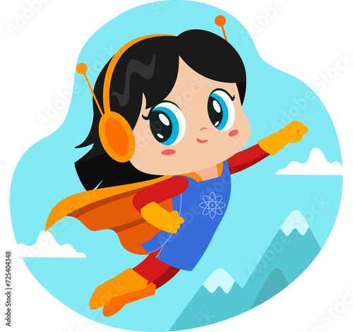 Cute Super Hero Kid Girl Cartoon Character Flying. Illustration Isolated On Transparent Background