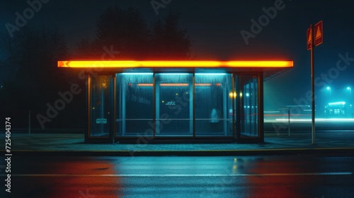 Bus stop at night with neon lights photo