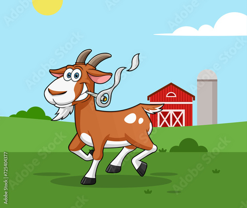 Funny Goat Cartoon Character Running And Smoking A Joint. Illustration Isolated On Transparent Background