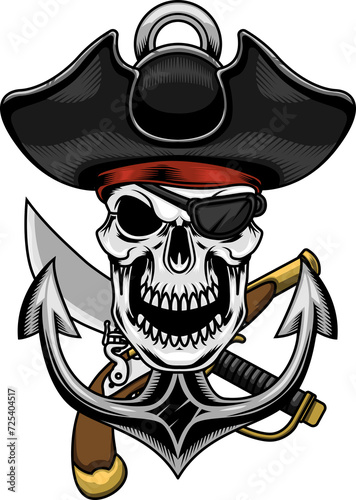 Pirate Skull With Sabre And Gun Over Anchor In Ropes. Graphic Logo Design. Illustration Isolated On Transparent Background