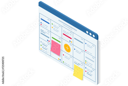 Isometric Business Project Management System. Planning showing tasks and deadlines. Project manager updating tasks and milestones progress planning. Digital Calendar Schedule.