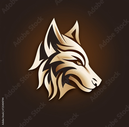 Flat wolfs head illustration on a light brown background looking to the right 