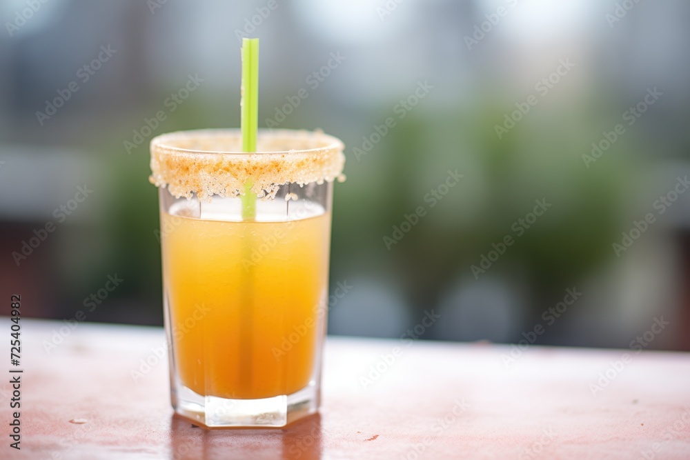 closeup of carrot juice glass with a straw, pulp visible closeup of carrot juice glass with a straw, pulp visible