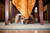 dog hiding under a table with a missing sock