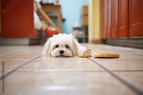 maltese with a stolen loaf of bread on the floor