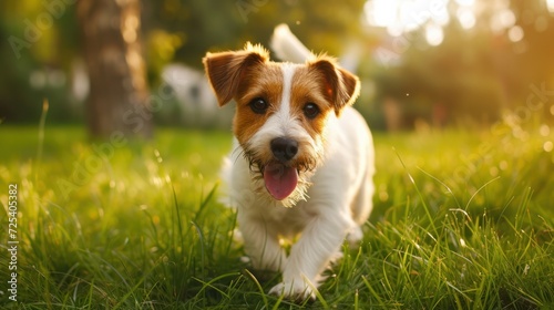 Cute dog playing in green grass near house, happy