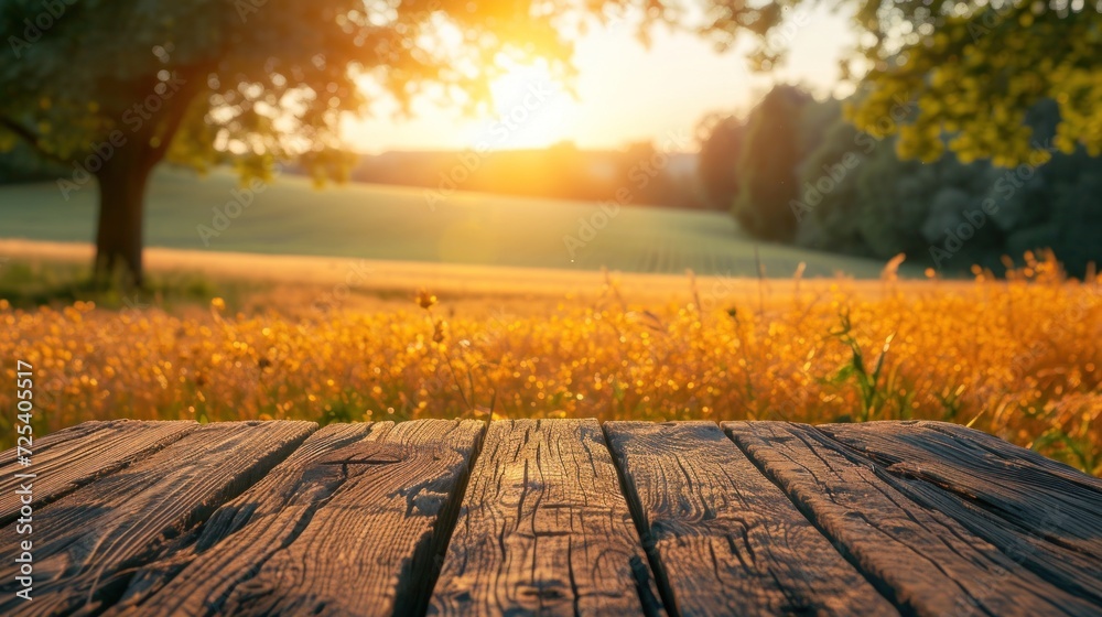 Golden Sunset Over a Rustic Wooden Table in a Tranquil Field Golden Sunset Over a Rustic Wooden Table in a Tranquil Field