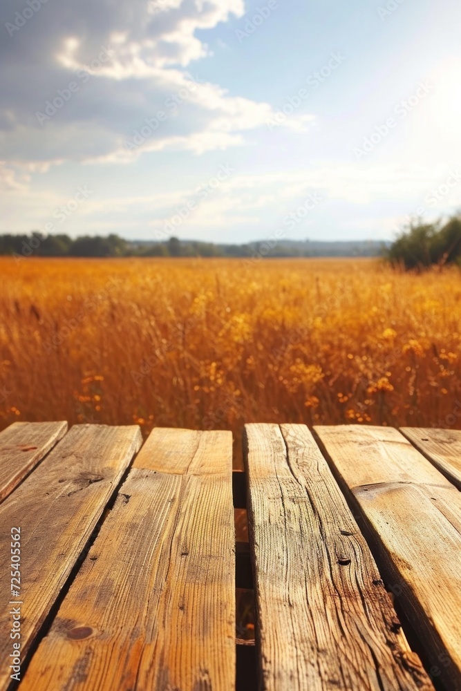 Golden Wheat Field Under a Clear Sky Viewed From a Rustic Wooden Platform at Sunset Golden Wheat Field Under a Clear Sky Viewed From a Rustic Wooden Platform at Sunset