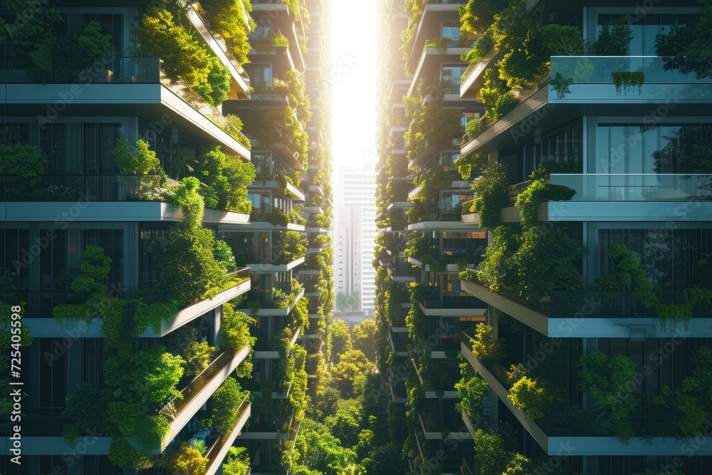 Naklejka premium The city of the future with green gardens on the balconies