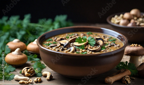 Bowl of German spelt soup with mushrooms, walnuts and parsley