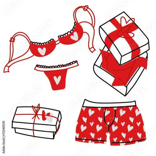 Set of women's and men's underwear doodle with gift boxes for Valentine's Day. A set of underwear. Modern colorful collection of hand-painted underwear. The concept of sensuality and romance. Red