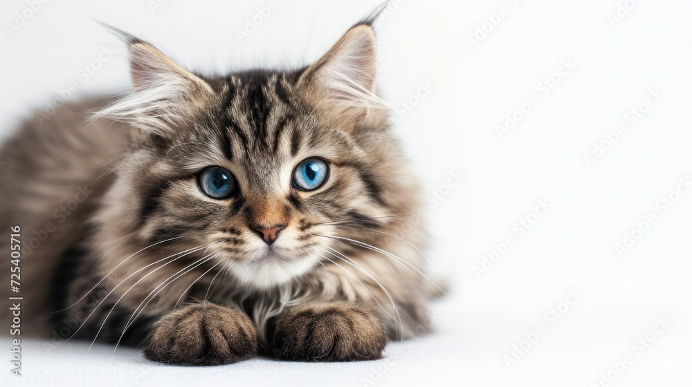 Longhair gray cute baby kitten with beautiful blue eyes. Pets and lifestyle concept. Lovely fluffy cat on white background
