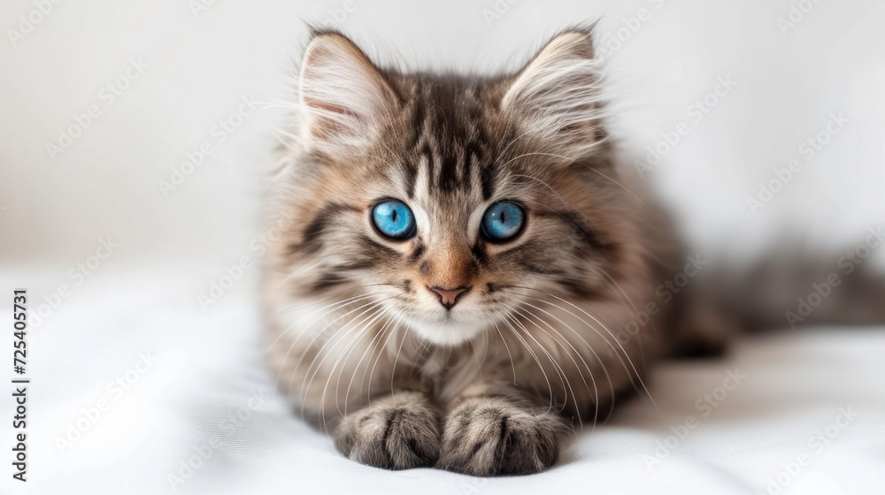 Longhair gray cute baby kitten with beautiful blue eyes. Pets and lifestyle concept. Lovely fluffy cat on white background
