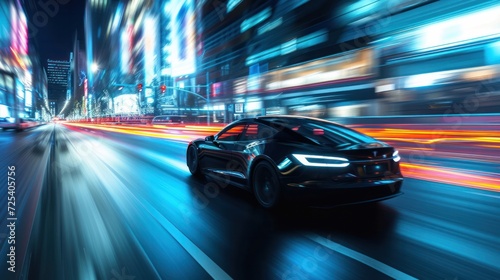 Futuristic car from front, at high speed at night in city with motion blur