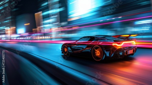 Futuristic car from front  at high speed at night in city with motion blur